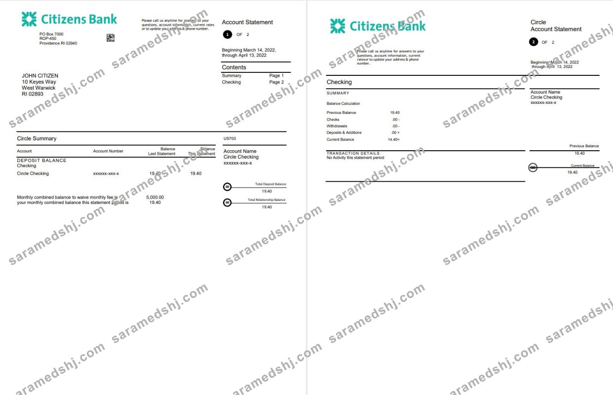 USA Citizens bank statement Word and PDF template, 2 pages